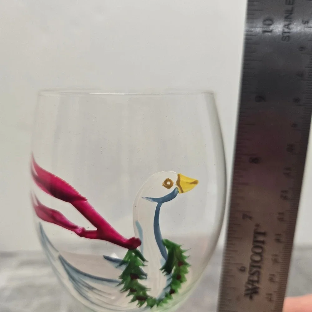 Christmas Goose Hand Painted Wine Glass Holiday Wreath Red Scarf Swirl Stem